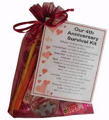 Your relationship has fully bloomed by your fourth anniversary, making flowers or ripe fruit an appropriate gift. Smile Gifts Uk 4th Anniversary Survival Kit Gift Great Novelty Present For Fourth Anniversary Or Wedding Anniversary For Boyfriend Girlfriend Husband Wife Buy Online In Bahamas At Bahamas Desertcart Com Productid 49481608