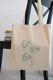 Hand Embroidered Cotton Tote Bag Monstera Leaf Eco Friendly Shopping Bag With Long Handles One Line Art Tote Botanical Embroidery Embroidered Tote Bag Tote Bag Canvas Design Embroidery Bags