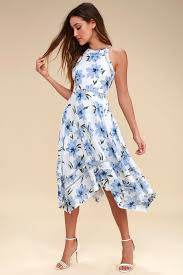 Zahara Blue And White Floral Print Midi Dress Printed Midi Dress Floral Print Midi Dress Dresses