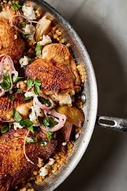 Halloumi salad featuring seared cheese marinated pomegranate molasses, zaatar & sumac, served on parsley couscous with pomegranate arils. Skillet Chicken With Couscous Lemon And Halloumi Recipe Recipe Recipes Couscous Recipes Chicken With Couscous