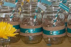 Definite To Do Decor For Centerpieces Mason Jars Burlap Blue Ribbon Safety Pin Easter Lillies Mason Jar Baby Shower Baby Shower Bbq Baby Shower