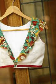 Details Fabric Body Chanderi Cotton Ruffle Handpainted Kalamkari Cotton Detail Ruffl Unique Blouse Designs Trendy Blouse Designs Blouse Designs Indian