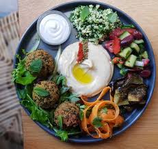 Our Falafel Plate This Week Kokogreen With Herb Filled Falafel Hummus Cauliflower Broccoli Tabouli Grilled Eggplant With Zaatar Israeli Salad G