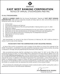 Read more in our blog binixo philippines. Eastwest Banking Corporation Announces Schedule Of Virtual Stockholders Meeting Bank Your Winners