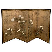 Japanese four panel folding screen, ink and color on silk, depicting a river scene with figures under a pine tree, signed. Japanese Edo Period 4 Panel Screen With Raised Flowers At 1stdibs