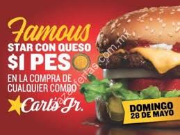 Tiene a la fecha un total de 3,750 restaurantes abiertos en todo el mundo, incluyendo las franquicias de las marcas hardee's, red burrito y green burrito. Promocion Carls Jr Dia De La Hamburguesa 28 De Mayo Famous Star Con Queso A Solo 1 En La Compra De Un Combo