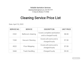 When starting a cleaning business you need to learn how much to charge for house cleaning to be competitive with the other cleaning companies in your city, you will need to know their average price per hour. 16 Cleaning Price List Templates Free Word Pdf Excel Format Download Free Premium Templates