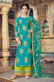 You can have these stitched however you like. Dark Cyan Lemon Green Designer Embroidered Chanderi Palazzo Suit Saira S Boutique