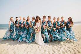 Printed Bridesmaid Dresses On The Beach Wedding Planning And Design By Del Cabo Event Printed Bridesmaid Dresses Destination Bridesmaids Bridesmaid Dresses