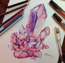 Crystal Cluster Coloured Pencil Drawing Using Pinks And Purples To Demonstrate Light And Dark Space On The Obj Realistic Rose Drawing Color Pencil Drawing Art