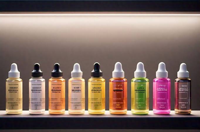 Assorted vape juice tincture and dropper bottles on shelf featured on VapeFeat