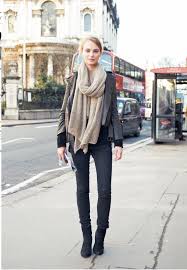 Black Ankle Boots With Jeans Black Skinny Jeans Black Ankle Boots Black Sweater Dark Grey Cropped Jacket Long Cream Lace Cropped Scarf Loosely Tie Fashion London Fashion Week Style