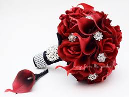 Moonla artificial flowers red roses 50pcs real looking fake flowers foam roses w/stem diy wedding bouquets centerpieces baby shower party home decorations 4.8 out of 5 stars 1,089 $27.99 $ 27. Red Roses Calla Lilies Rhinestones Bridal Bouquet Red Black Weddin Songs From The Garden