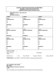 Tempahan dewan mokeim (muat 90 orang), bilik mesyuarat (muat 20 orang) dan penginapan kelompok (muat 20 orang). Contoh Format Borang Tempahan Makanan