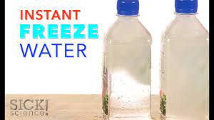 If your water is cold or really hot, the water will freeze even faster (around 45 minutes). Instant Freeze Water Bottle Slam Science Experiment