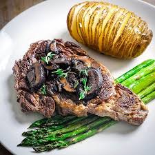 Steak With Sauteed Mushrooms Hasselback Potatoes Roasted Asparagus By Sophisticatedcaveman There S Whole 30 Recipes Hasselback Potatoes Roasted Asparagus