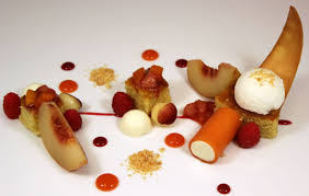 Peach Melba Riesling Poached Peaches Vanilla Panna Cotta With Peach Gelee Brown Butter Cake Deconstructed Food Food Plated Desserts