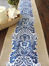 Burlap And Blue And White Fabric Table Runner Diy Table Runner Wedding Table Runners Wedding Burlap Table Runners