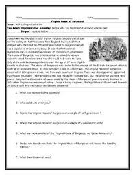 Virginia House Of Burgesses Reading Worksheet With Answer Keyvirginia House Of Burgesses Adapted And Edited Prima House Of Burgesses Virginia Homes Answer Keys