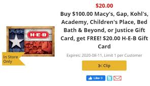 Check spelling or type a new query. Expired H E B Buy 100 Select Gift Cards Get 20 H E B Gift Card Free Bed Bath Beyond Macy S Kohl S More Gc Galore