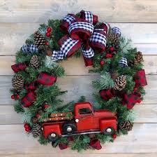 Black And White Plaid Christmas Wreath Bestselling Red Truck Xmas Wreath Large Black And White Etsy Outside Christmas Decorations Christmas Wreaths Rustic Christmas Wreath