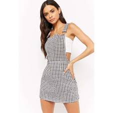 Forever 21 Houndstooth Denim Overall Dress Black White 45 Liked On Polyvore Featuring Dresses Black And White Overall Dress Denim Overall Dress Fashion