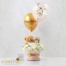 Flowers balloons and teddy bears. Combo Set Flower Box Teddy Bear Chocolate And Balloon Basketeer The Ultimate Gifts