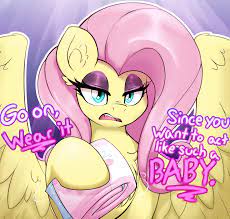 2863874 - safe, artist:crnklbox, fluttershy, pegasus, pony, chest fluff,  dialogue, diaper, ear fluff, eyelashes, eyeshadow, fangs, flutterbitch,  graveyard of comments, high res, looking at you, makeup, sharp teeth, solo,  spread wings, talking