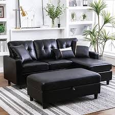 Honbay Convertible Sectional Sofa With Ottoman L Shape Sleeper Sofa With Ottoman Faux Lea In 2020 Leather Couches Living Room Couch Set Black Leather Couch Living Room