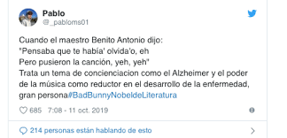 El cantante puertorriqueño es tendencia en twitter luego de que sus seguidoras pidieran que se le otorgue el premio nobel de literatura. Piden El Nobel De Literatura Para Bad Bunny Y Revientan Las Burlas En Las Redes