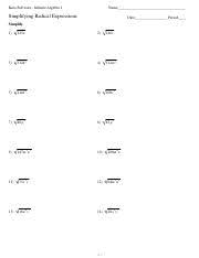 This radical expressions worksheet will produce problems for simplifying radical expressions. Simplifying Radicals Pdf Kuta Software Infinite Algebra 1 Name Simplifying Radical Expressions Date Period Simplify 1 125n 2 216v 3 512k 2 4 512m 3 5 Course Hero