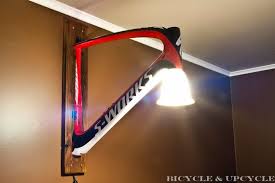 Unique Handmade Upcycled Bike Frame Wall Lamp Recycled Bike Parts Light On Reclaimed Redwood Backr Upcycled Bike Recycled Bike Parts Frames On Wall