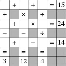 Fill in the blank squares with 4 integer values from 2 to 21 so that the 22 queen move differences are the values 1 to 22. Cross Math Puzzles