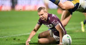 Superstar manly fullback tom trbojevic celebrates scoring a try. E0fbkrvjof 41m