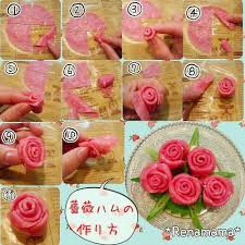 何気なく作っているビアハムの薔薇 よく 作り方を聞かれるので工程を一枚にまとめてみました 小さくてみにくいかなぁ まずは一枚取りだし 十字に切る 右下のを半分折りくるくる巻いていく 花芯 2枚目も半分に折り 今度は三角のほうが外側に来るように