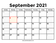 September 2021 Calendar Calendar Options