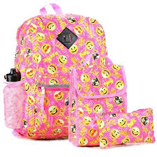 Set Includes 16 Backpack Insulated Lunch Bag Pencil Case Water Bottle And Caribiner Clip Made From 100 Poly Emoji Backpack Girl Backpacks School Backpacks