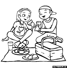 Color this picture of two people having a picnic on a sunny day. Picnic Coloring Page Free Picnic Online Coloring