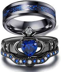 Amazon Com Loversring Couple Ring Bridal Set His Hers Black Claddagh Ring Heart Shape Rhi Bridal Ring Sets Wedding Ring Bands Set Stainless Steel Wedding Ring