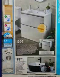 Available as part of aldi's special buys sale on july 17, the double laundry hamper is designed to look like a cabinet, but has two chutes behind its doors that include removable hamper bags. Aldi Basic Mixet Taps 69 99 Round Countertop Basin 79 99 4 Bar Heated Towel Rail 99 99 Freestanding Vanity 900mm 299 Starts Sat 20th July Topbargains