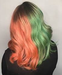 Black And Neon Green Hair Split Have You Ever Had Split Hair Tell Us Which Colors You Ve Done Elissawolfe Used Neon Peach And Salad On Her Awesome Split Dyed Hair Split Hair Two Color Hair