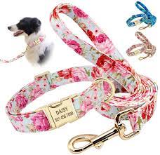 A leather dog collar, or harness, and leash does more than help you grip, handle, or control your animal companion. Amazon Com Beirui Soft Floral Id Dog Collars With Name Plate Beautiful Flower Print Personalized Puppy Dog Collar And 5ft Leash Set For Small Medium Large Dogs S 5 8 Wide Neck Fit 10 15 5 Pet
