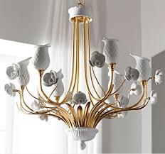 White porcelain chandelier hand painted in blue chinoiserie pattern polished nickel chain and accents. Italian Porcelain Chandelier By Le Porcellane Orchidea