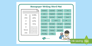 This newspaper report model includes a full example news story, as well as annotated spelling, grammar, and punctuation notes. Ks1 Newspaper Writing Word Mat Teacher Made