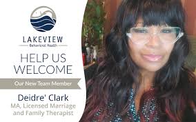 We would like to introduce our newest Lakeview Behavioral Health team  member, Deidre' Clark. Deidre' earned her master's degree in 2010 from  Concordia University in St. Paul, MN in human services with