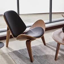 Wegner living room lounge chairs. Mid Century Modern Shell Chair Single Side Chair Tripod Black Leather Lounge Chair In Walnut Finish
