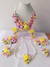 Pink Yellow Flower Gota Patti Jewellry Set Necklace Earrings Bracelet Mang Tika Wedding Flower Jewelry Flower Jewellery For Mehndi Flower Jewellery For Haldi