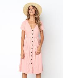 Tunic V Neck Short Sleeve Cotton Midi Dresses