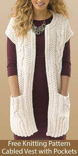 To get the knitting patterns, scroll down the page to the individual pattern you want and click on the link to that pattern. Free Knitting Pattern For Cabled Vest With Pockets Knit Vest Pattern Knitting Designs Knitting Patterns Free Cardigans