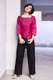 Pretty In Pink Silk Short Kurta And Black Cotton Pants Short Kurti Designs Cotton Short Tops Kurti Designs Latest